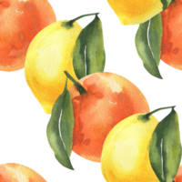 Tropical juicy fruits watercolor seamless pattern for home textile. Hand drawn oranges and lemons with leaves repeated clipart, yellow and orange summer heathy food for packing,wallpaper,fabric design png