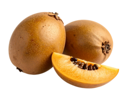 Fresh Brown Kiwis with Slice Showing Orange Flesh and Black Seeds png