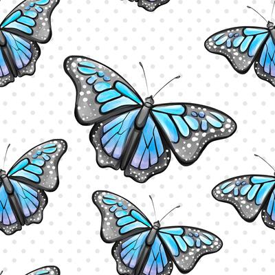 Bright blue butterflies with gray accents float across a playful polka dot background, creating a cheerful and artistic seamless pattern perfect for various design projects.