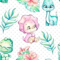 Cute dinosaurs and tropical flower pattern vector