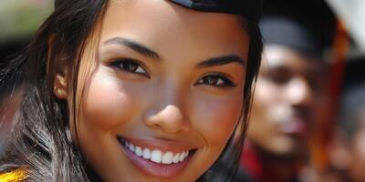 A radiant graduate celebrates her achievement with a bright smile on her face. photo