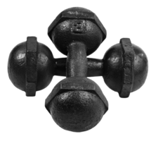 Two black cast iron dumbbells crossed, forming a unique arrangement. Ideal for fitness, gym, and workout concepts, showcasing strength and exercise equipment. png