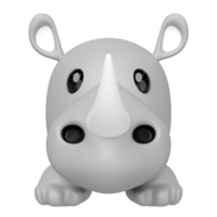 3D cartoon style gray rhino with big eyes, a prominent horn, and small ears, facing forward. Adorable minimalist character, perfect for kids themes or branding. png