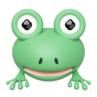 Close up of a charming 3D cartoon frog with large expressive eyes and a wide smile, rendered in bright green against. Ideal for kids, playful designs, and simple mascots. png