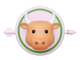 3D rendered cute cartoon cow head with horns, centered in a pink target circle with an arrow. Modern minimal style for agriculture, finance, or zodiac concepts. png
