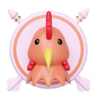 3D stylized chicken head with red comb, yellow beak, and red wattle, centered within a light pink circular frame. Two pink arrows with gold rings cross behind the frame. png