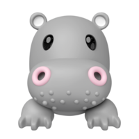 Adorable 3D rendering of a grey cartoon hippopotamus with pink nostrils and glossy black eyes, depicted. Perfect for kids content or cute animal themes. png