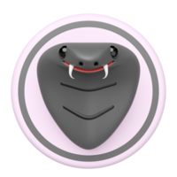 3D rendering of a stylized cute cartoon cobra snake head with fangs and black eyes in a circular frame. The friendly reptile icon, ideal for mascots or logos. png