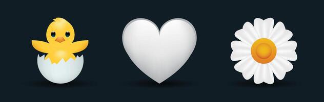 3 emoticons isolated on white background. White color heart, chicken with broken egg, chamomile emoji illustration. 3d illustration set. vector