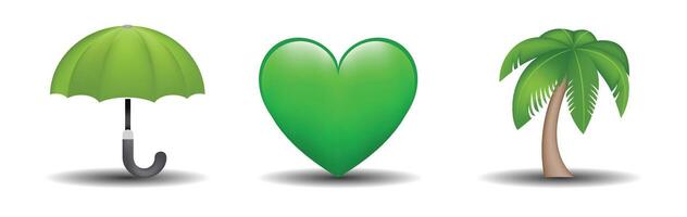 3 emoticons isolated on white background. Green color heart, umbrella, palm emoji illustration. 3d illustration set vector