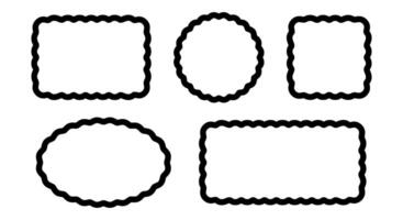 Set of rectangle, oval, round and square frames with curvy borders. Picture or mirror borders with scalloped edges isolated on white background. Empty boxes, tags or labels. illustration vector