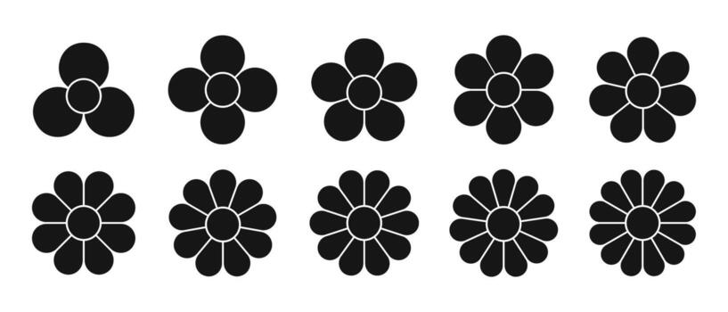 Set of flower diagrams with petals and core. Floral pie chart divided on equal segments in leaf shapes isolated on white background. Templates for data presentation. graphic illustration vector