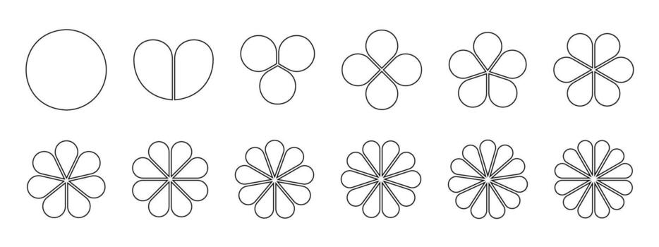 Flower diagrams with petals. Floral pie chart divided on equal sectors from 1 to 12 in leaf shapes isolated on white background. Business data presentation templates. outline illustration vector