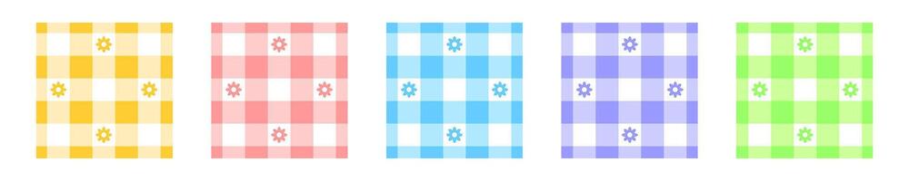 Set of gingham or vichy pattern samples with flower print. Checkered textures for spring or summer picnic plaid, tablecloth, napkin or blanket. Fabric geometric backgrounds. flat illustration vector
