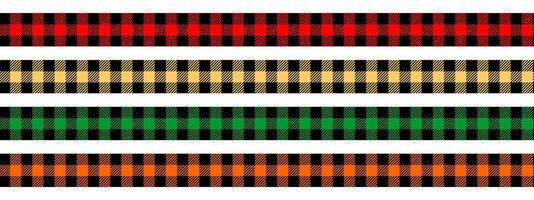 Set of textile tapes with buffalo plaid textures. Ribbons with Christmas or Halloween checkered lumberjack pattern. Geometric fabric straps with gingham or vichy print. flat illustration vector