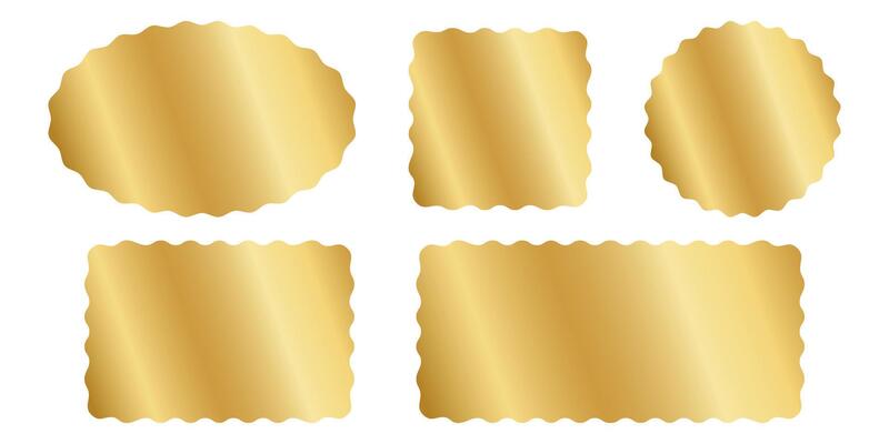 Set of golden oval, square, rectangle and circle shapes with wavy edges. Geometric forms with curvy borders. Golden sticky text boxes, tags or labels isolated on white background. illustration
