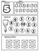 Number worksheets for preschool number 5 coloring math activities for kindergarten kids vector