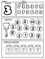 Number worksheets for preschool number 3coloring math activities for kindergarten kids vector