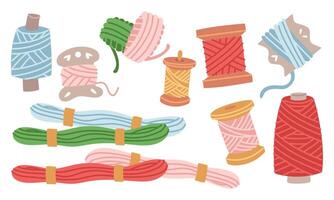 set of colorful threads in spools, floss, silk, and cotton. Threads for sewing, embroidery, and knitting. On theme of needlework, handcrafts, care, love. flat color illustration. for creative projects vector