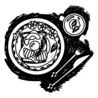 Hand-drawn breakfast tea and sandwich on plate. Black and white outline illustration in grunge style, shading with marker. Toast, egg, fish, avocado, tomatoes, herbs, large-leaf tea on white. knife vector