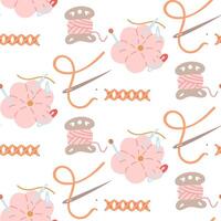 Pattern for sewing themes. Needles in a sewing pillow, top view, needle and thread, cross-stitch, and a ball of yarn. Seamless flat color texture. Suitable for prints. Packaging for handmade items vector
