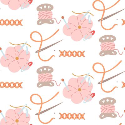 Pattern for sewing themes. Needles in a sewing pillow, top view, needle and thread, cross-stitch, and a ball of yarn. Seamless flat color texture. Suitable for prints. Packaging for handmade items