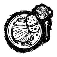 Hand-drawn breakfast tea and pastries on a plate. Black and white outline illustration in grunge style. Croissant and chocolate-covered biscuit with blueberry berries, tea with lemon on white. Serving vector