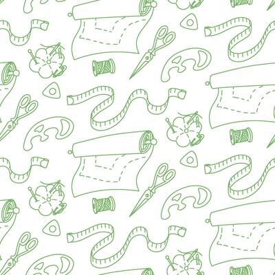 Sewing pattern, tailor. Fabric roll, scissors, chalk, thread, measuring tape, ruler-pattern. Seamless color contour texture. For packaging handmade sewing workshop brand-related. Made with love