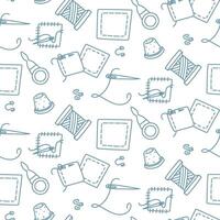 Pattern made of different fabric scraps, needle, thread, thimble, needle case, and loops. Sewing clothes. Seamless colored doodle texture. Packaging for seamstresses, tailors, and DIY brands. Handmade vector