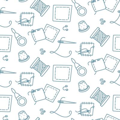 Pattern made of different fabric scraps, needle, thread, thimble, needle case, and loops. Sewing clothes. Seamless colored doodle texture. Packaging for seamstresses, tailors, and DIY brands. Handmade