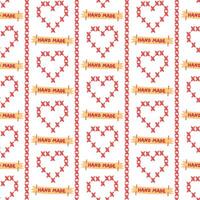 Pattern hand red heart cross-stitched outline with handmade label. Striped elongated texture of red crosses. Seamless colored flat texture on white. Packaging for handmade sewing brand with love vector