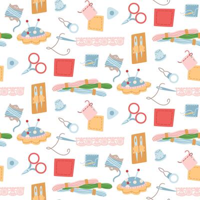 Pattern of sewing items. Needle cushion, ribbon, patches, thread, needles, scissors. Seamless flat color texture. Used for packaging, branding of sewing store, network of tailors, and handmade sewing