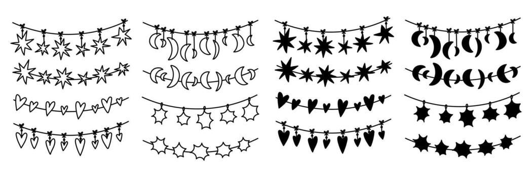guirnalda de banderas dibujado a mano ilustración con festivo elementos. estrellas, luna, corazones. lineal, plano conjunto de banderas de diferente formas en cadena. colgando banderas festivo decoración. negro contorno y llenar vector