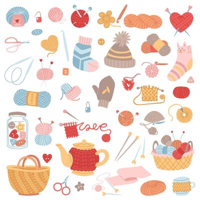 Set of crochet and knitting needles. Balls of yarn, storage items, and knitted items. Flat color illustration. For creating packaging designs, business cards, and stickers for handmade products