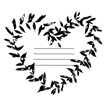 en forma de corazon marco con mal impreso textura hojas, desgastado imprimir, grunge ilustración con rayas para escribiendo. modelo para cuadernos y cuadernos de bocetos como el principal página. negro en blanco vector