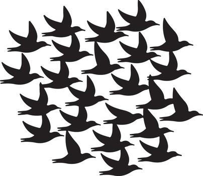 Flock of birds in flight forming a dynamic group soaring together in a unified direction vector