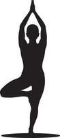 Silhouette of woman in tree pose, demonstrating yoga and wellness, origin graphic vector
