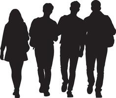 Four people walking together, symbolizing unity, teamwork, and friendship in simple silhouette vector