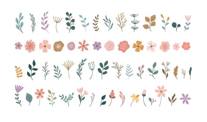 Summer Floral Elements Set - Botanical Flat Illustration - Cute Flowers - Spring Garden Summer Meadow - Wild Flowers - Hand Drawn Plants