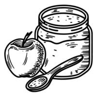 Glass jar of applesauce and fresh apple with spoon hand drawn vintage illustration of homemade fruit preserve vector