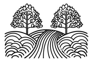 Winding countryside road between trees on hills, monochrome outline nature landscape drawing illustration vector