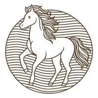 Graceful horse illustration in circle with flowing mane, elegant line art, equine beauty, minimalist animal design vector
