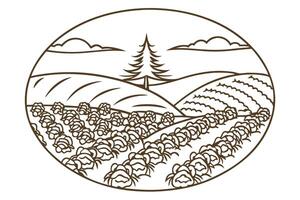Idyllic rural landscape with rolling hills, tree, and vegetable fields nature farming, agriculture countryside scene vector