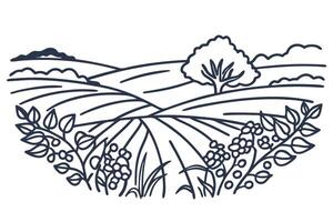 Rural farmland landscape line art with tree, fields, hills, and crops countryside agriculture eco illustration vector