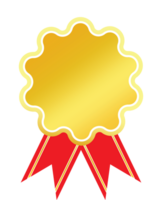Golden medal-style badge featuring a vibrant red ribbon, symbolizing achievement, honor, and excellence. png