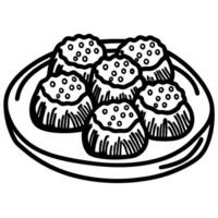 Plate of chocolate truffles arranged in a circular pattern sweet dessert treats with textured topping, black and white illustration vector
