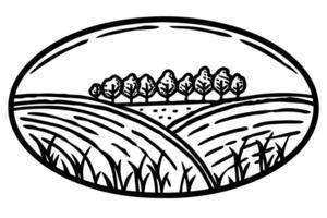 Countryside field with tree line illustration rural agriculture landscape, meadow, crop, nature emblem design vector