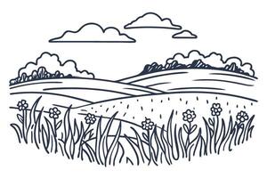 Floral meadow landscape sketch rolling hills, wildflowers, grass, and clouds hand drawn countryside nature scene illustration vector