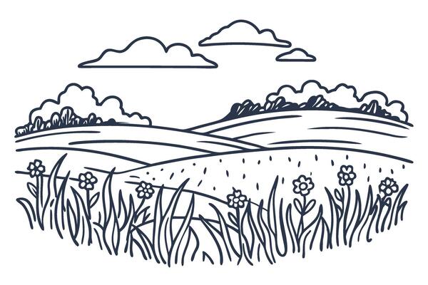 Floral meadow landscape sketch rolling hills, wildflowers, grass, and clouds hand drawn countryside nature scene illustration