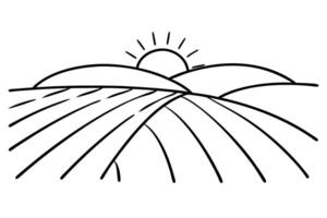 Sunrise over rolling hills with field lines, agricultural landscape, morning farmland scenery illustration vector
